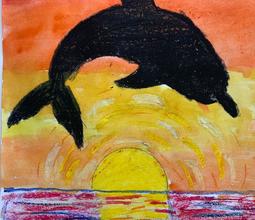 Дельфин на фоне вечернего солнца садящегося в море